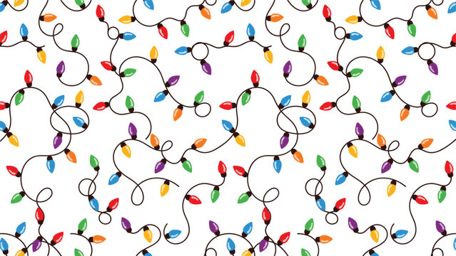 Seamless background pattern of colorful Christmas holiday light strings tangled on a plain white backdrop