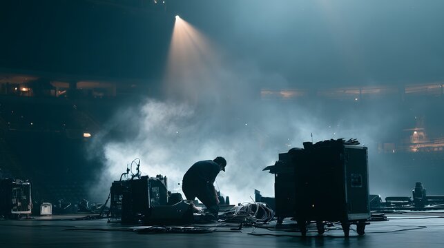 Silhouette of stage technician working in dark concert venue with dramatic spotlight and haze stage lighting concert production stage crew event production stage equipment dark background