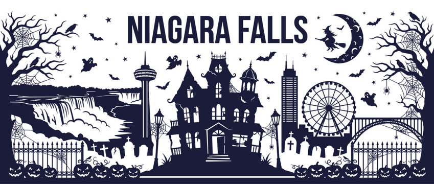 Niagara Falls Ontario Spooky Halloween Skyline Silhouette with Skylon Tower and Haunted Mansion