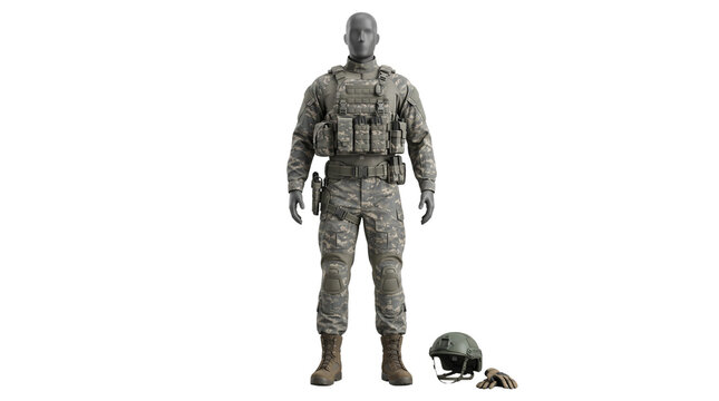 Military tactical uniform on mannequin, camouflage combat gear with plate carrier vest, army soldier apparel and protective equipment isolated PNG with Transparent Background