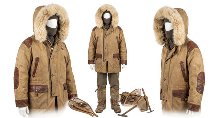 Vintage arctic expedition parka with fur hood, traditional winter survival gear and snowshoes, antique outdoor explorer apparel isolated PNG with Transparent Background © MUHAMMAD