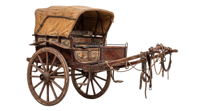 Vintage wooden carriage with canvas roof, antique horse-drawn wagon with decorative carvings, rustic historical transport vehicle isolated PNG with Transparent Background