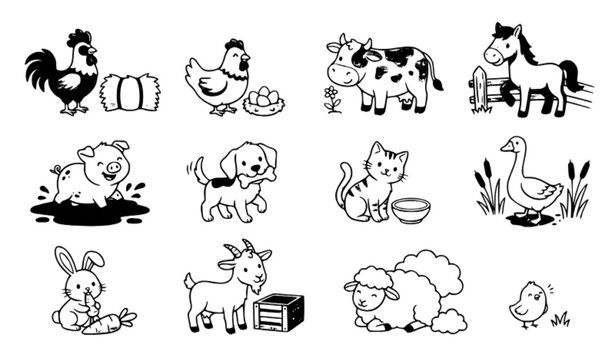 Cute Farm Animal Mini Scene Collection Colorful Cartoon Vector Set