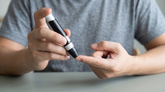 Close-up of man in gray t-shirt using lancet pen to prick finger for blood glucose test at home against blurred interior background, concept of diabetes monitoring and health care