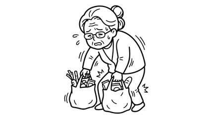 Fototapeta premium Elderly Woman Carrying Heavy Groceries Line Art Illustration