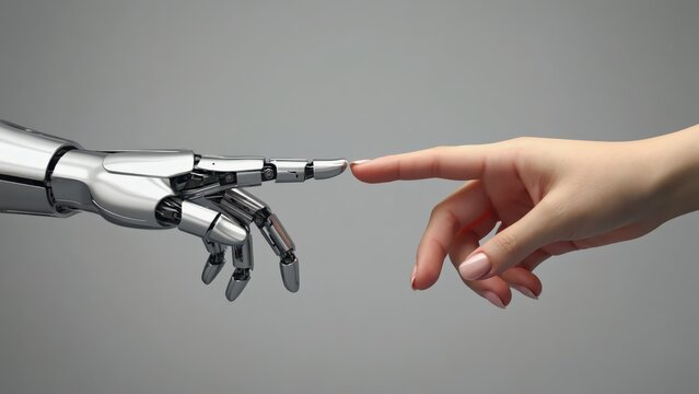 Robotic Hand and Human Hand Touch &ndash; AI, Technology, and Human Connection Conceptual Image, Futuristic Innovation.