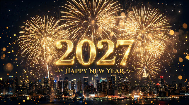 Golden 2027 happy new year text with bright festive fireworks background display