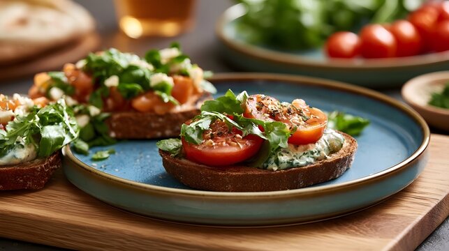 Freshly prepared open faced sandwiches with tomato slices  greens  and creamy spread on whole grain bread