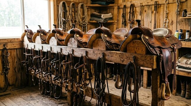Row of worn western leather horse saddles and bridles arranged on wooden racks in a rustic barn tack room