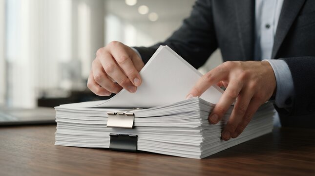 Professional businessman hands sorting paper documents, stack of office paperwork with binder clips, corporate administration and legal contract management