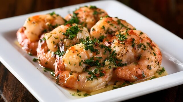 A plate of succulent garlic shrimp garnished with fresh herbs  served on a white square dish with a glossy sauce