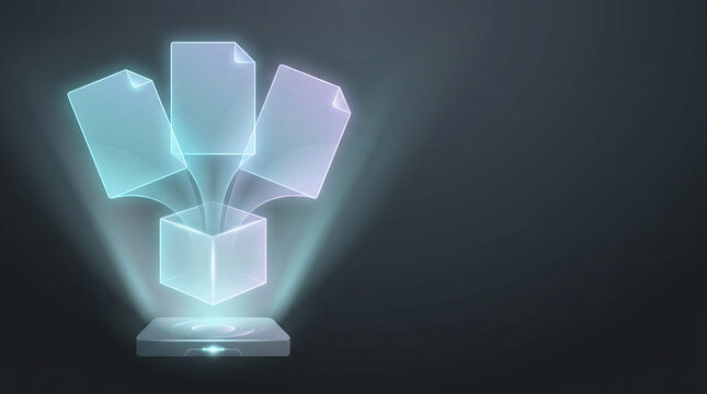 Glowing Holographic Document Icons Above a Transparent Cube and Projector Base