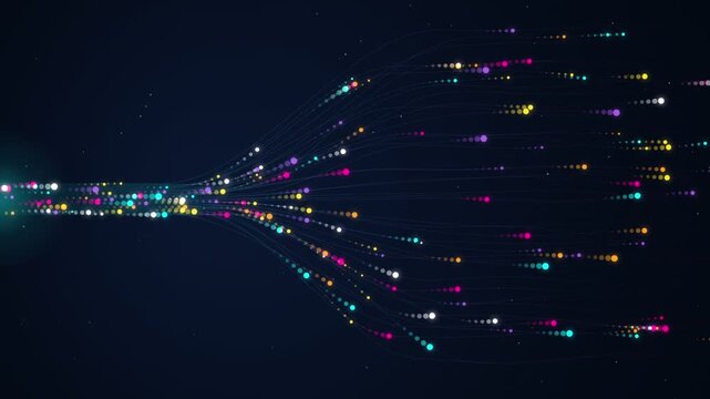 Abstract digital data stream with glowing colorful particles moving along curved paths and lines on dark background