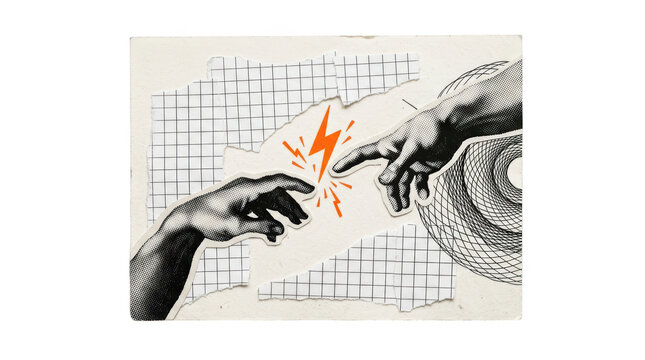 Artistic collage of two hands reaching towards each other with lightning bolt isolated on transparent background