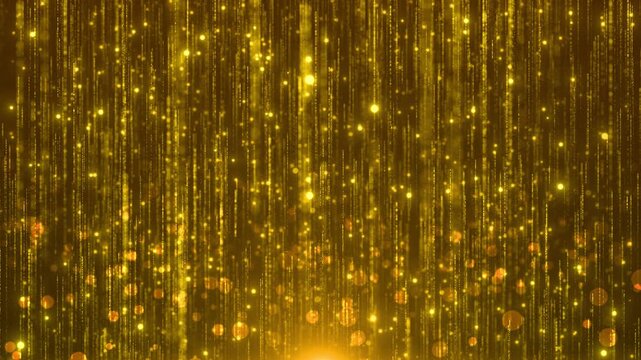 Radiant strands of golden sparkling curtain floating lights. premium product reveals, anniversary stage performances, victory celebrations, Christmas promotions, invitations brand presentations.