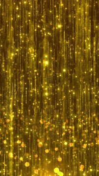 Shimmering golden light trails fall glowing bokeh particles, rich elegant celebration awards, weddings, New Year events, luxury advertising, festive greetings, gala openings cinematic title sequence