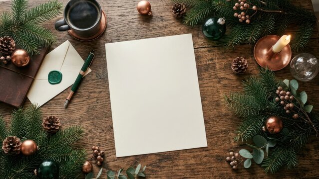 Christmas Letter Stationery: A blank sheet of paper surrounded by festive Christmas decorations, including pine branches, pinecones, ornaments, a burning candle, a cup of coffee.