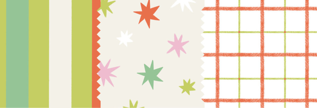 Vector seamless Christmas pattern with hand-drawn holiday elements and textures. Geometric shapes, stars and checked ornament in festive new year celebration color palette. Winter holiday backgrounds.
