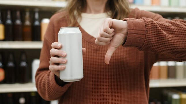 Unsatisfied customer showing thumbs down with aluminum beverage can, woman rejecting drink product in grocery store, bad review of soda or beer