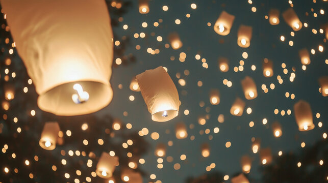Yi Peng lanterns floating in night sky during Loi Krathong festival, background