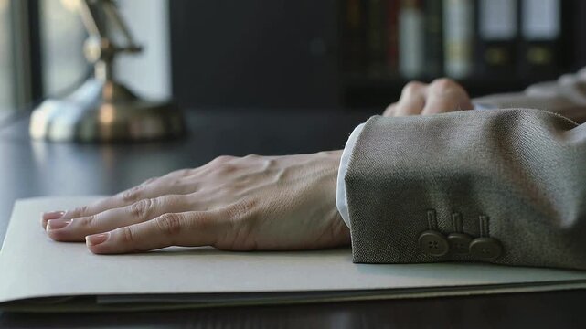 Reaching worker's right hand with suit sleeve, flattening papers at desk before review with lamp
