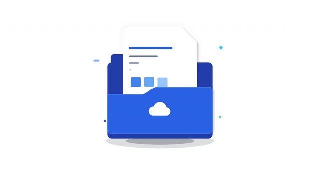 Animated document with charts in a blue folder cloud icon, data analysis and digital storage concept, motion graphic