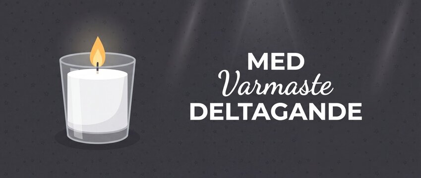 Burning candle Swedish sympathy card banner with Med Varmaste Deltagande text for funeral condolence grief memorial background illustration with burning flame in glass votive on dark background