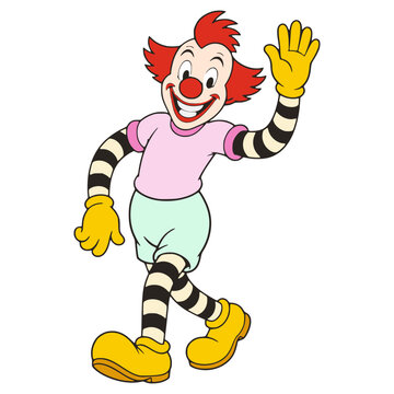 1930s vintage old retro smiling clown circus attraction character flat color vector illustration template design