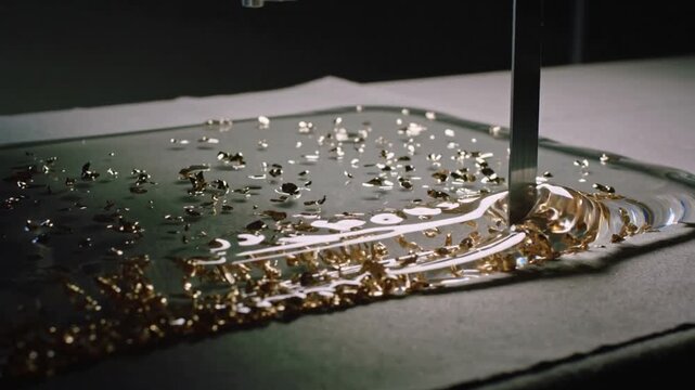 After initial contact dark metal blade pressing into viscous slab on bench, gathering gold flakes