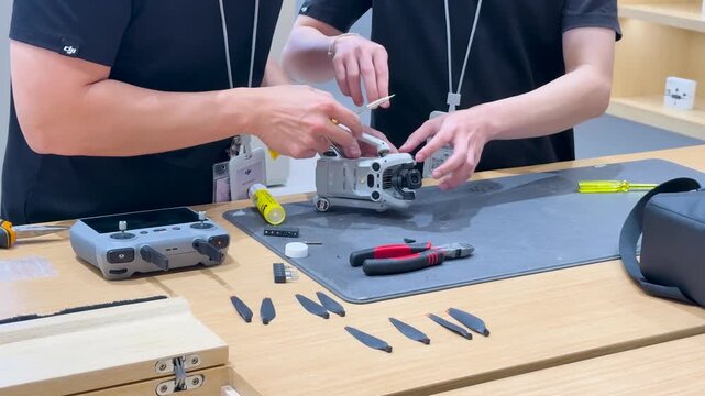 Technicians repairing and maintenance service of professional drone on wooden workbench.
