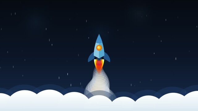 Animated cartoon rocket ship launching into space through clouds