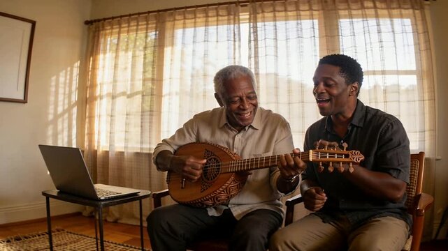Playing light-shirted father strumming oud while dark-shirted son singing in living room