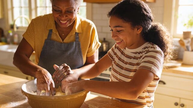 Clapping grandma in apron guiding teen kneading dough at kitchen counter to teach, with yellow bowl
