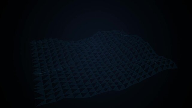 Abstract digital landscape with blue glowing triangular mesh grid
