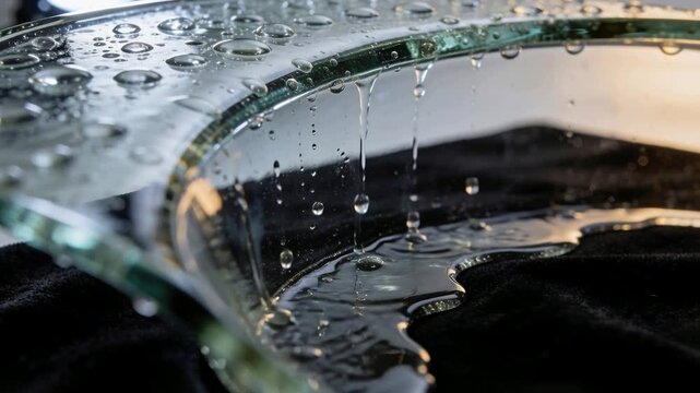 Gravity pulling curved glass rim beads into threads on studio table, droplets falling into pool
