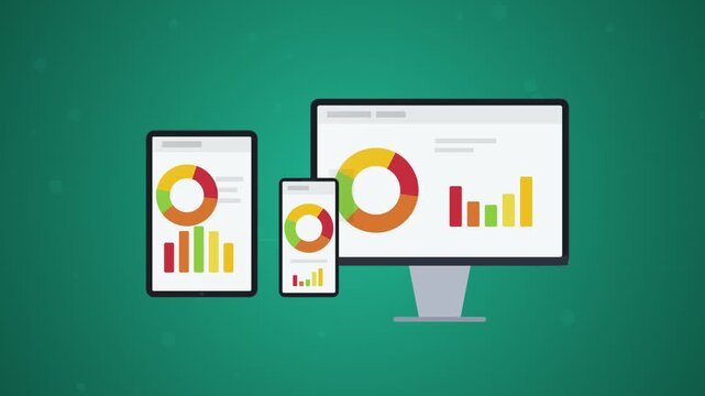 Responsive web design demonstration with tablet, smartphone, and desktop monitor displaying data analytics and charts