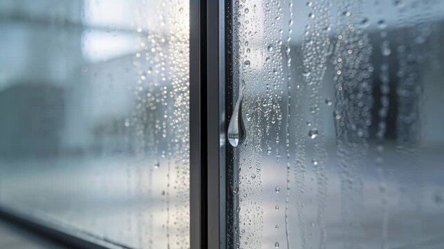Growing drop on mullion stretching and sliding down glass toward threshold coalescing droplets