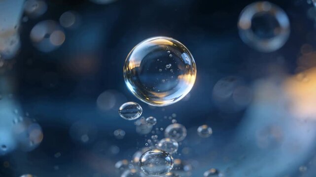 Rising single large bubble responding to base bubble chain detaching, ascending inside glass globe