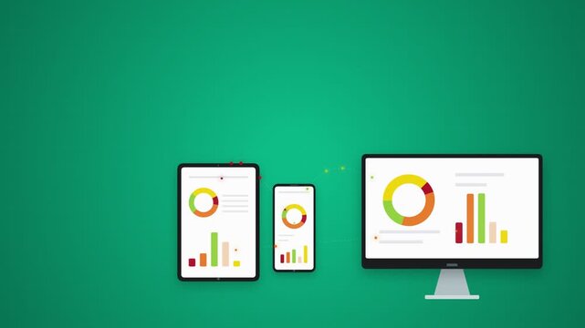 Digital analytics displayed across connected computer monitor smartphone and tablet devices