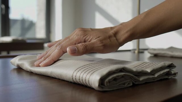 Pressing right hand entering frame, smoothing and aligning tea towel on wooden table by window