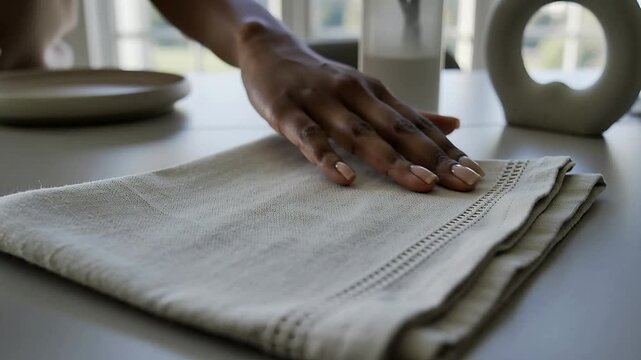 Smoothing adult right hand pressing linen napkin after resting to align on table, with plate