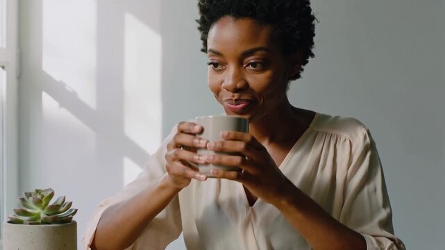 Sunlit window drawing gaze, woman wearing cream top lifting mug to lips, sipping to relax