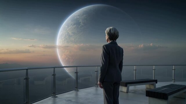 Turning senior woman gray-suit gazing to watch rising planet on roof deck glass railing, copy space