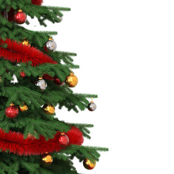 Decorated Christmas Tree Corner with Red Garland and Ornaments Isolated on Transparent Background - 3D render