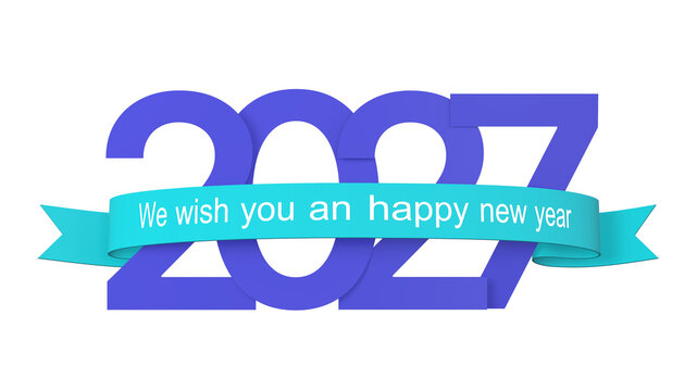 Happy New Year 2027 Typography with Cyan Ribbon Isolated on Transparent Background