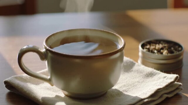 Pouring water stream filling ceramic cup on napkin at kitchen table, with tea tin producing steam
