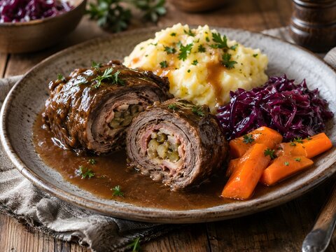 Traditional German beef rouladen with gravy, savory stuffed meat rolls with mashed potatoes, red cabbage and carrots on rustic plate