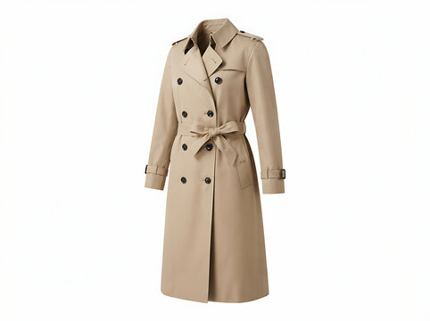 Classic Beige Trench Coat Isolated on White Background