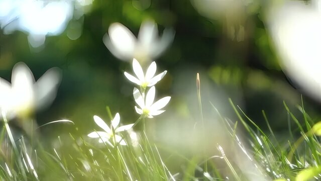 Soft Focus White Rain Lilies (Zephyranthes candida) Blooming in Grass