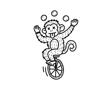 Circus monkey juggling on a unicycle in black line art